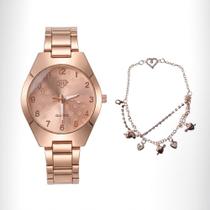 Relógio Feminino DHP Resistente À Água + Pulseira Luxo Cor:Rose