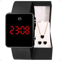 Relogio Feminino Digital Aço Inox + Caixa + Brincos quadrado social casual preto presente pulseira ajustável silicone