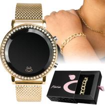 Relogio feminino digital aço inox strass + pulseira + colar strass redondo qualidade premium social