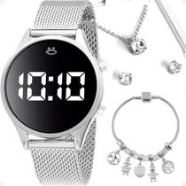 relogio feminino digital aço prata + brincos + colar + caixa qualidade premium presente silicone inoxidável moda led