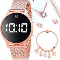 Relogio Feminino Digital Aço Rosê + Colar + Caixa