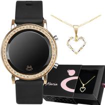 relogio feminino digital banhado dourado aço inox + colar coração moda social casual qualidade premium preto original