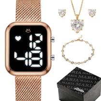 Relogio Feminino Digital + Brinco Colar + Caixa + Pulseira quadrado presente banhado rose 18k pulseira ajustável strass