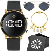 relogio feminino digital + caixa + oculos sol proteção uv silicone presente losango preto dourado qualidade premium moda relogio feminino digital + caixa + oculos sol proteção uv silicone presente losango preto dourado qualidade premium moda