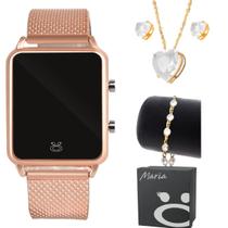 relogio feminino digital + colar brinco + pulseira + caixa social casual rose quadrado qualidade premium presente