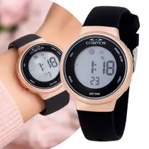 Relógio Feminino Digital de Pulso Preto e Rosé Mini Pequeno com Pulseira de Silicone à Prova D Água Esportivo Casual Fashion Cosmos
