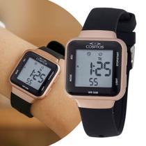 Relógio Feminino Digital de Pulso Quadrado Preto e Rosé com Pulseira de Silicone à Prova D Água Casual Fashion Cosmos