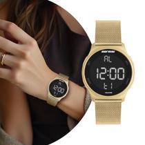Relógio Feminino Digital Dourado de Pulso com Pulseira Mesh de Aço Inoxidáve à Prova D Água Redondo Delicado Luxo Elegante Fashion Mormaii