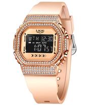 Relógio Feminino Digital Elegante LIGE Correia de Silicone Moda Casual A Prova Dágua