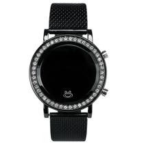 Relógio Feminino Digital em Aço Preto com Strass - Pulseira de Silicone