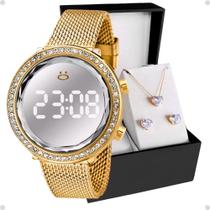 Relógio Feminino Digital Espelhado Dourado Banhado + Colar Brincos + Caixa Presente