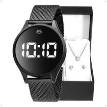 relogio feminino digital led aço + caixa + colar + brincos black piano qualidade premium original pulseira ajustavel led