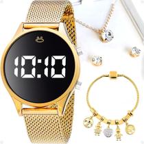 Relogio Feminino Digital Led Ajustável + Colar e Brincos Pedra Brilhante + Pulseira