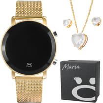 Relogio Feminino Digital Led Dourado + Kit Corrente Banhado + Par De Brincos