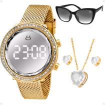 Relógio Feminino Digital Led Dourado Redondo Espelhado + Kit Banhado a Ouro + Óculos Sol