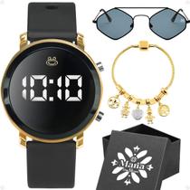 Relogio Feminino Digital + Oculos Sol Proteção UV + Caixa presente losango pandora original silicone casual dourado moda