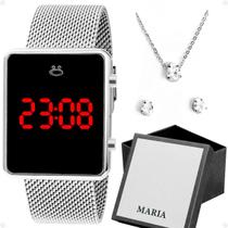 relogio feminino digital prata + colar + brincos + caixa quadrado presente qualidade premium pulseira ajustável social
