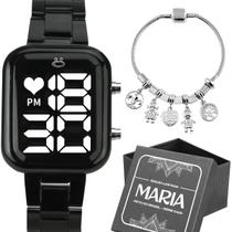 Relogio feminino digital quadrado aço preto + pulseira pandora tendencia + caixa presente original