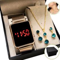 Relógio Feminino Digital Quadrado Led Premium + Colar Brinco