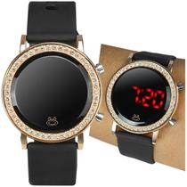 relogio feminino digital redondo strass premium led inox presente moda ajustavel silicone casual led