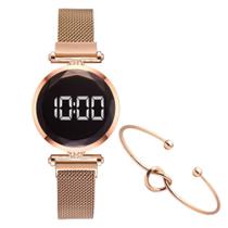 Relógio Feminino Digital Rosé Pulseira Magnética + Bracelete