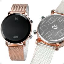 relogio feminino digital silicone led aço inox rose + caixa pulseira ajustavel resistente