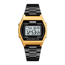 Relógio Feminino Digital Skmei 1328 Resistente à água 3 ATM Caixa em Resina Dourado Pulseira de Metal Preto Visor Cristal Mineral Quadrado Dobrável