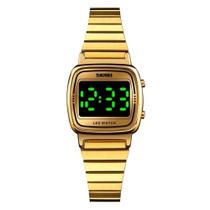 Relógio Feminino Digital Skmei 1543 Resistente à água 3 ATM Preto Caixa em Metal Dourado Pulseira de Aço Visor Acrílico Quadrado Gancho Esportivo Relógio Feminino Digital Skmei 1543 Resistente à água 3 ATM Preto Caixa em Metal Dourado Pulseira de Aço Visor Acrílico Quadrado Gancho Esportivo