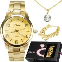 relogio feminino dourado aço banhado + pulseira + colar strass original casual presente zirconia moda social