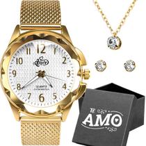 Relogio Feminino Dourado Aço + Caixa + Pulseira casual perola prova dagua banhado strass social presente original moda