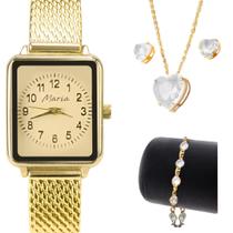 Relogio feminino dourado aço + colar brincos + pulseira original quadrado ajustavel moda analogico
