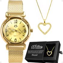 relogio feminino dourado aço + colar coração mãe + caixa social casual moda ajustável inoxidável silicone strass
