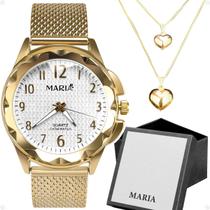 relogio feminino dourado aço + colar duplo coração + caixa presente qualidade premium original ouro casual social