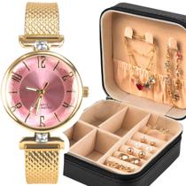 Relogio feminino dourado aço + colar + pulseira + porta joia social silicone ajustavel fundo rosa