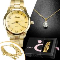 Relogio Feminino Dourado Aço Inox Ouro Banhado + Correntinha e Pulseira Pandora