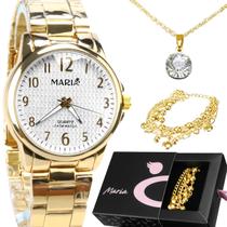 relogio feminino dourado aço inox + pulseira + colar + caixa presente moda casual redondo social qualidade premium