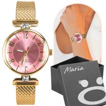 Relogio feminino dourado aço inox silicone banhado + caixa casual moda fundo rosa social presente