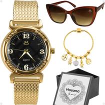 Relogio feminino dourado aço + oculos sol + pulseira + caixa casual moda silicone marrom fundo preto