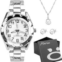 Relogio feminino dourado aço prova dagua + pulseira + colar