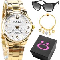 Relogio Feminino Dourado Aço + Pulseira + Caixa proteção uv moda delicado redondo inoxidável casual social presente