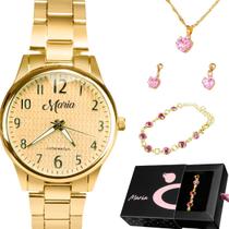 relogio feminino dourado aço + pulseira + colar coração presente qualidade premium aço inoxidavel ouro social casual