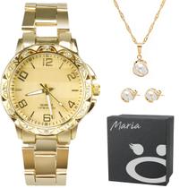 relógio feminino dourado aço strass + caixa + colar brincos prova dagua casual presente ouro social