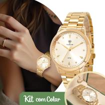 Relógio Feminino Dourado Analógico de Pulso Movimento Quartzo com Pulseira e Caixa de Aço Inoxidável Luxo Elegante Fashion Kit com Colar Tuguir