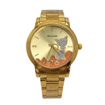 Relógio Feminino Dourado Analógico Gatinho Colorido