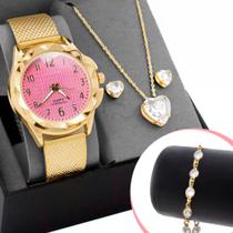 Relógio Feminino Dourado Analógico Prova D'água Original + Kit Colar e Brincos Folheado a Ouro 18k