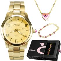 Relógio Feminino Dourado Banhado a Ouro 18k + Kit Colar e Pulseira Luxuoso