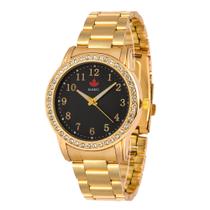 Relógio Feminino Dourado Banhado a Ouro Quebec Original Fundo Preto