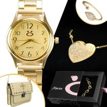 Relogio feminino dourado banhado aço + anel + pulseira presente qualidade premium ouro social casual