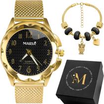 Relogio Feminino Dourado Banhado Aço Inox + Pulseira social inoxidavel mostrador preto qualidade premium original casual
