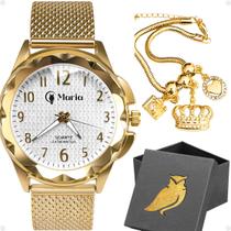 Relogio Feminino Dourado Banhado + Pulseira coruja delicado prova dagua silicone social casual analogico moda original